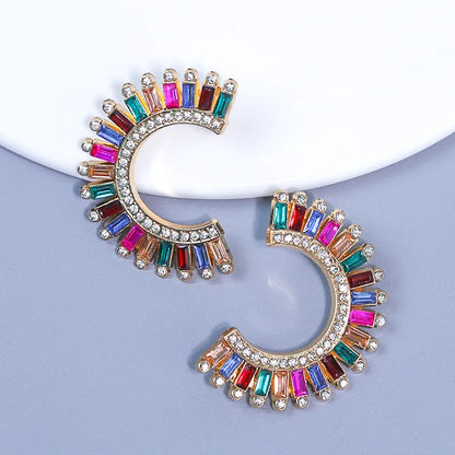 1 Pair Shiny C Shape Inlay Alloy Rhinestones Ear Studs