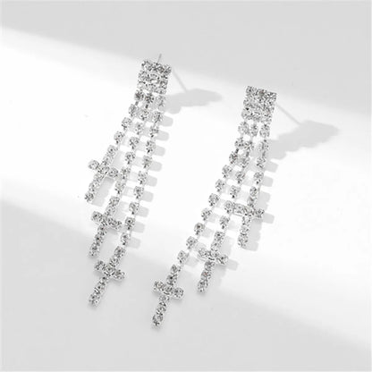 1 Pair Shiny Cross Copper Plating Inlay Rhinestones Silver Plated Drop Earrings