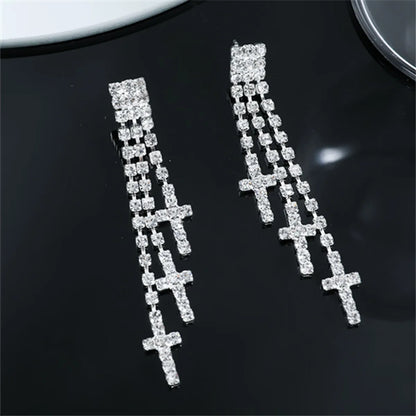 1 Pair Shiny Cross Copper Plating Inlay Rhinestones Silver Plated Drop Earrings