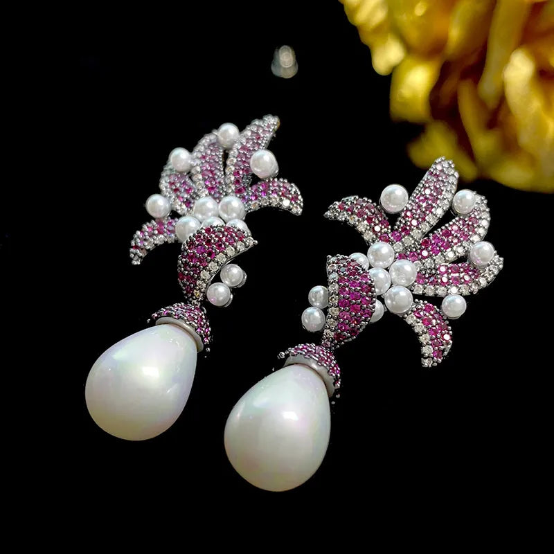 1 Pair Shiny Flower Inlay Copper Artificial Pearls Zircon Drop Earrings