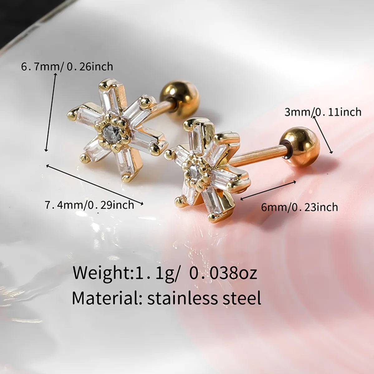 1 Pair Shiny Flower Plating Inlay Stainless Steel Copper Zircon Gold Plated Ear Studs