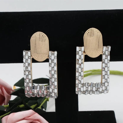 1 Pair Shiny Geometric Hollow Out Inlay Alloy Zircon Drop Earrings