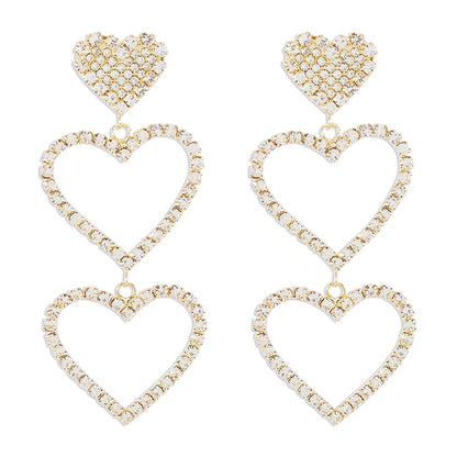 1 Pair Shiny Heart Shape Hollow Out Inlay Alloy Rhinestones Drop Earrings