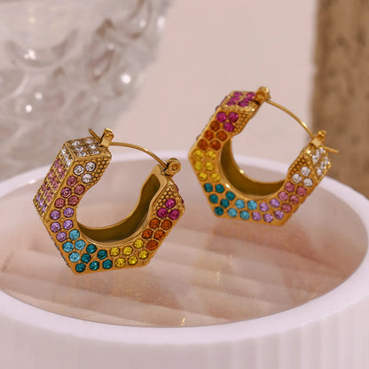 1 Pair Shiny Hexagon Plating Inlay 304 Stainless Steel Zircon 18K Gold Plated Hoop Earrings