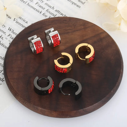 1 Pair Shiny Round Solid Color Inlay Stainless Steel Rhinestones Earrings