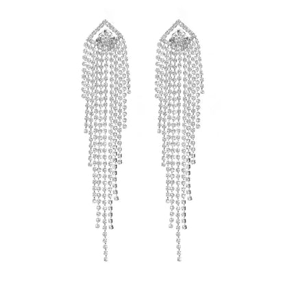 1 Pair Shiny Tassel Plating Inlay Copper Rhinestones Silver Plated Drop Earrings