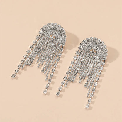 1 Pair Shiny Tassel Rhinestone Inlay Crystal Silver Plated Women's Drop Earrings