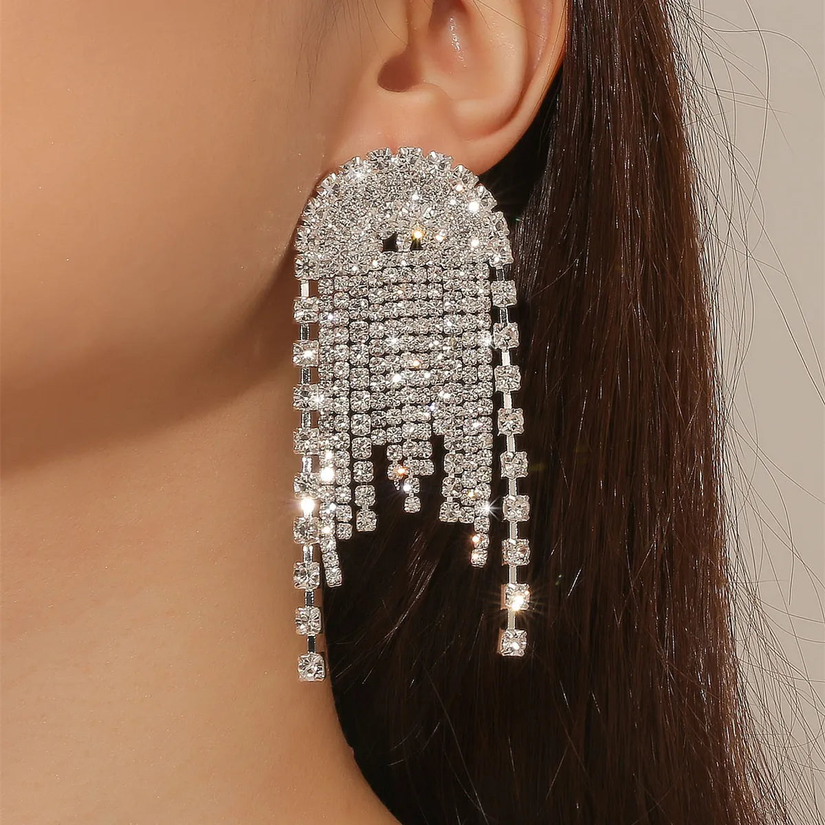 1 Pair Shiny Tassel Rhinestone Inlay Crystal Silver Plated Women's Drop Earrings