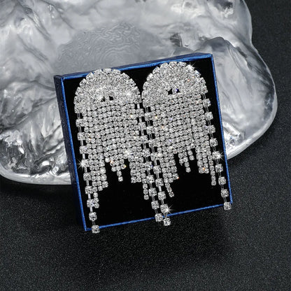 1 Pair Shiny Tassel Rhinestone Inlay Crystal Silver Plated Women's Drop Earrings