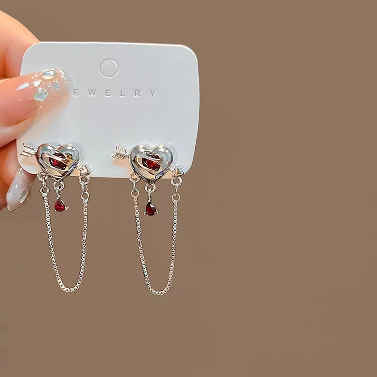 1 Pair Shiny Water Droplets Heart Shape Chain Inlay Alloy Rhinestones Drop Earrings