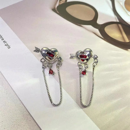 1 Pair Shiny Water Droplets Heart Shape Chain Inlay Alloy Rhinestones Drop Earrings