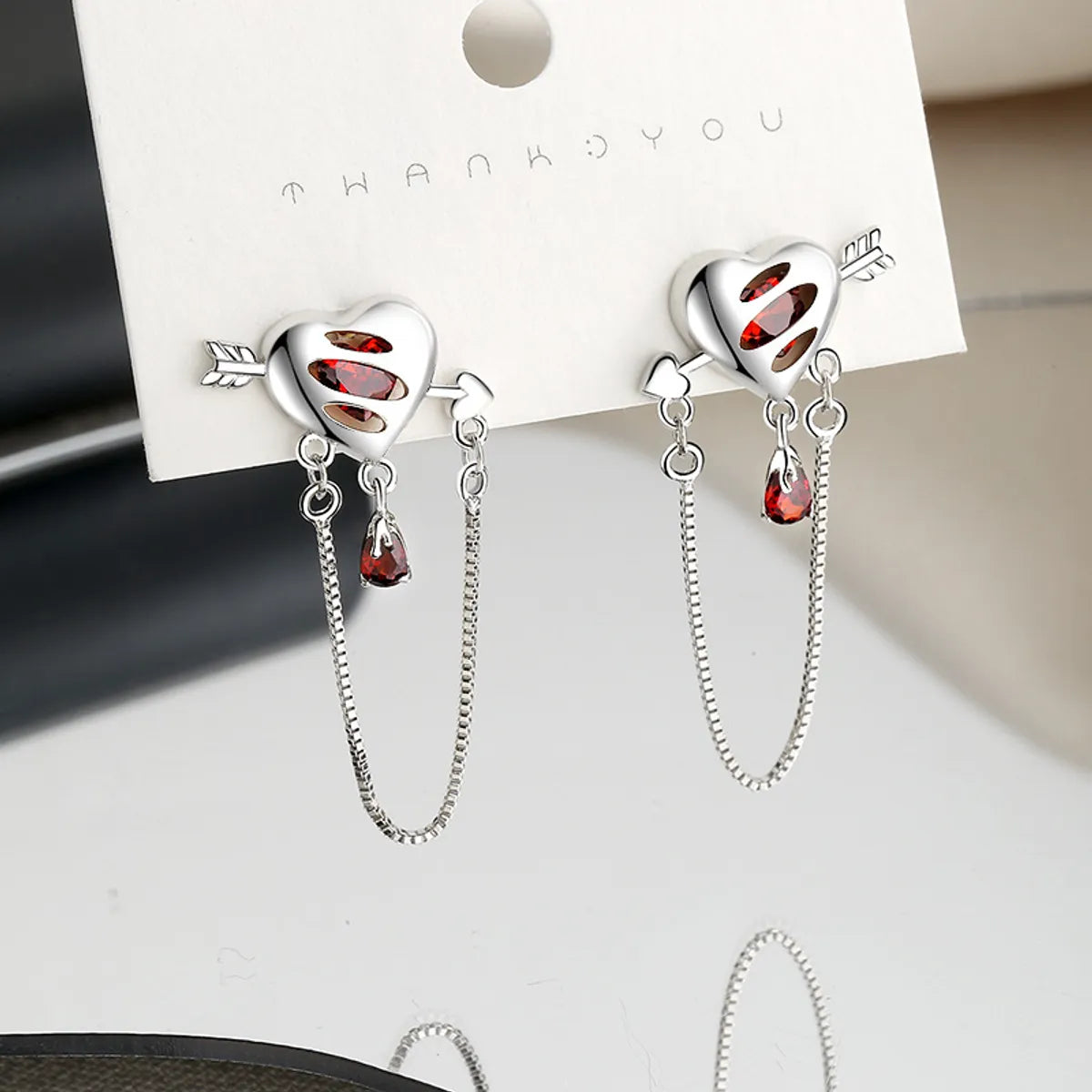 1 Pair Shiny Water Droplets Heart Shape Chain Inlay Alloy Rhinestones Drop Earrings