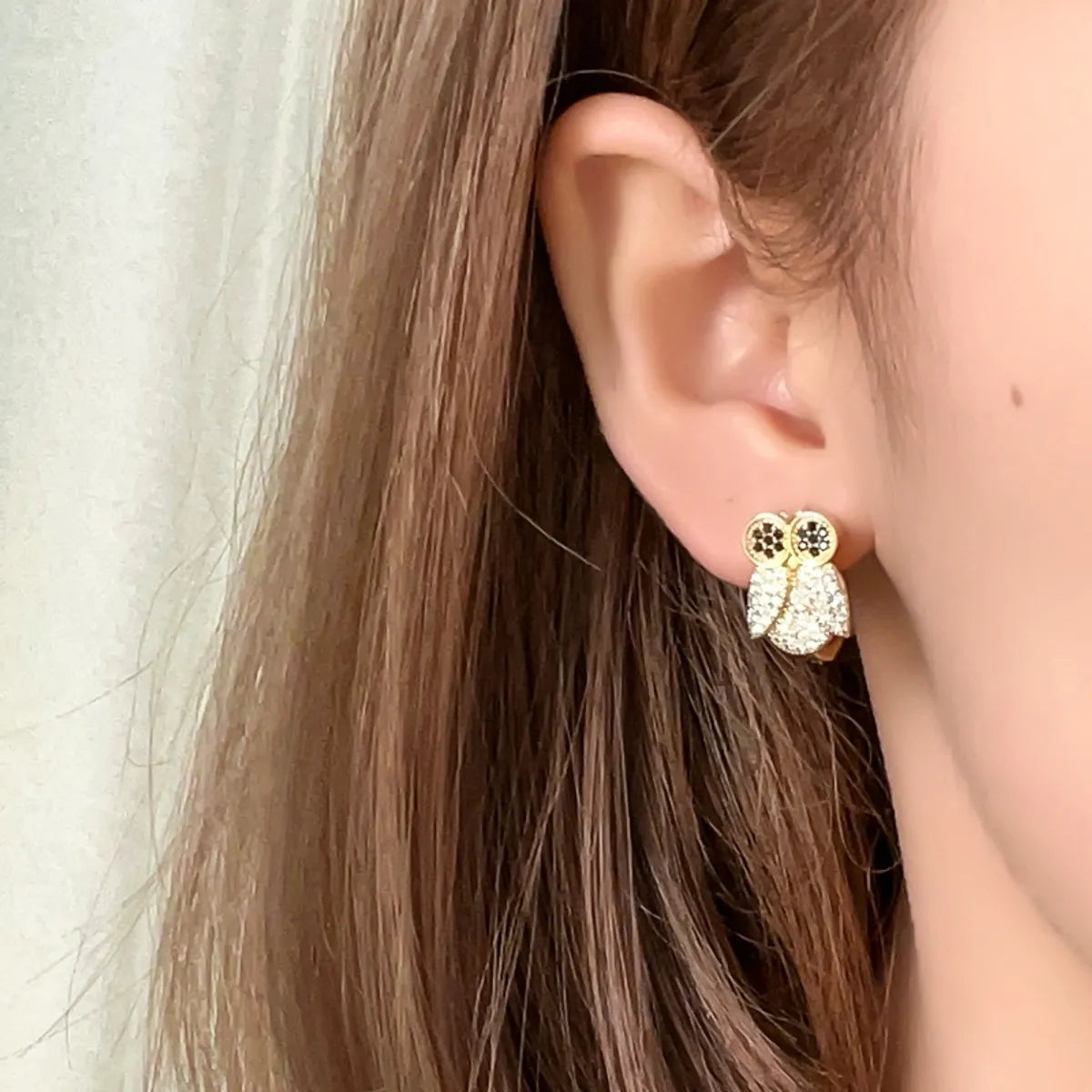 1 Pair Simple Style Animal Owl Plating Inlay Copper Rhinestones Ear Clip