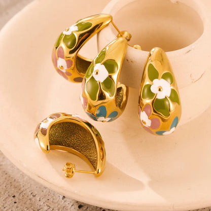 1 Pair Simple Style Artistic Korean Style Water Droplets Flower Petal Enamel Plating 304 Stainless Steel 18K Gold Plated Ear Studs