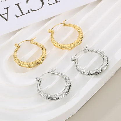 1 Pair Simple Style Bamboo Joint Solid Color 304 Stainless Steel 18K Gold Plated Hoop Earrings