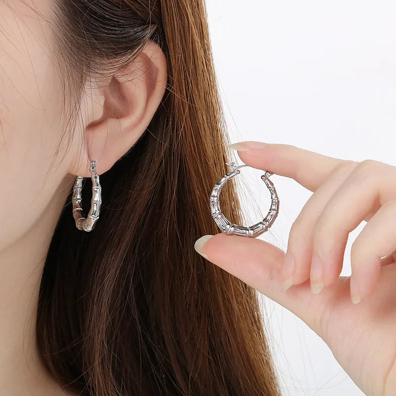 1 Pair Simple Style Bamboo Joint Solid Color 304 Stainless Steel 18K Gold Plated Hoop Earrings