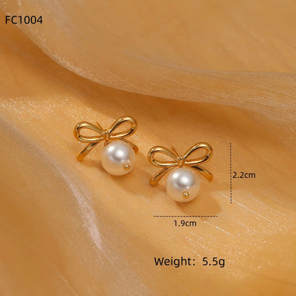 1 Pair Simple Style Bow Knot Plating 304 Stainless Steel Artificial Pearl Earrings