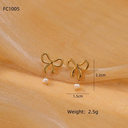 1 Pair Simple Style Bow Knot Plating 304 Stainless Steel Artificial Pearl Earrings