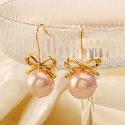 1 Pair Simple Style Bow Knot Plating Inlay 304 Stainless Steel Artificial Pearls 18K Gold Plated Drop Earrings