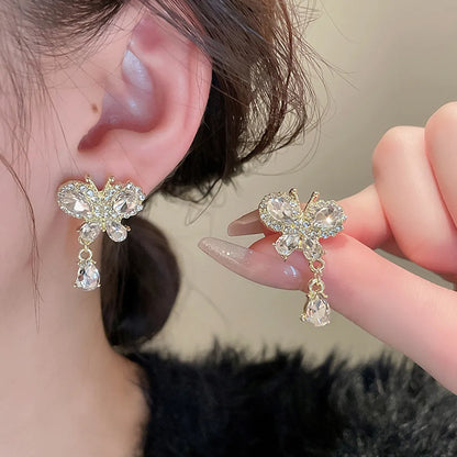 1 Pair Simple Style Bow Knot Plating Inlay Alloy Artificial Rhinestones Drop Earrings