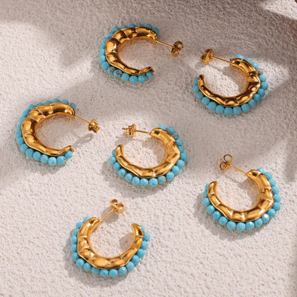 1 Pair Simple Style C Shape Plating Inlay 304 Stainless Steel Turquoise Turquoise 18K Gold Plated Earrings