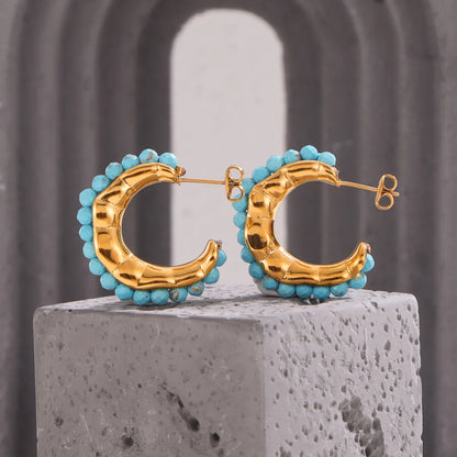 1 Pair Simple Style C Shape Plating Inlay 304 Stainless Steel Turquoise Turquoise 18K Gold Plated Earrings