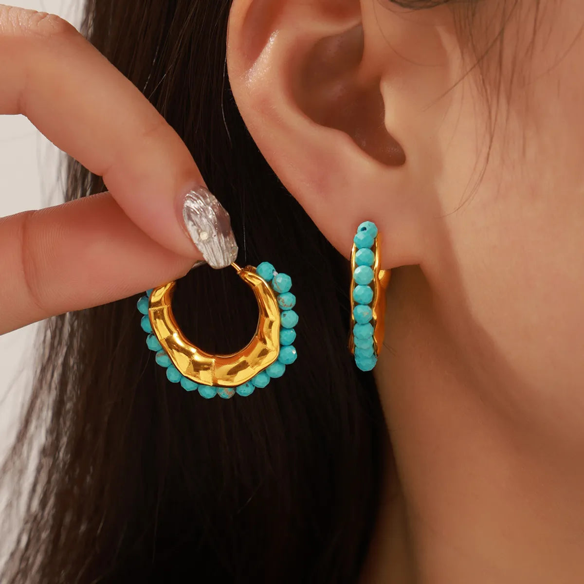 1 Pair Simple Style C Shape Plating Inlay 304 Stainless Steel Turquoise Turquoise 18K Gold Plated Earrings