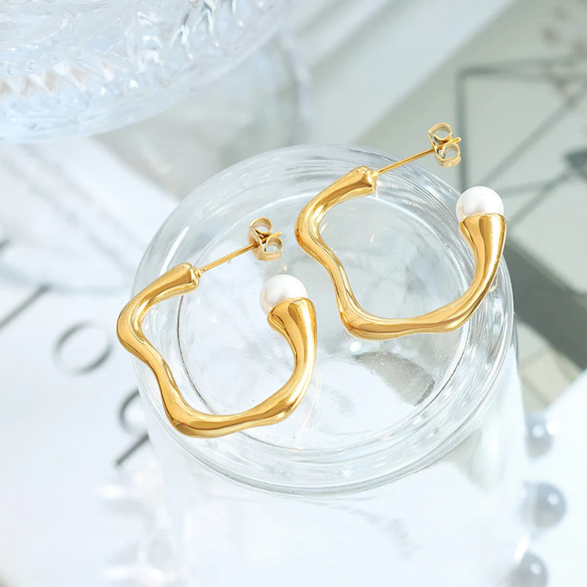 1 Pair Simple Style C Shape Plating Inlay Stainless Steel Artificial Pearls 14k Gold Plated Ear Studs