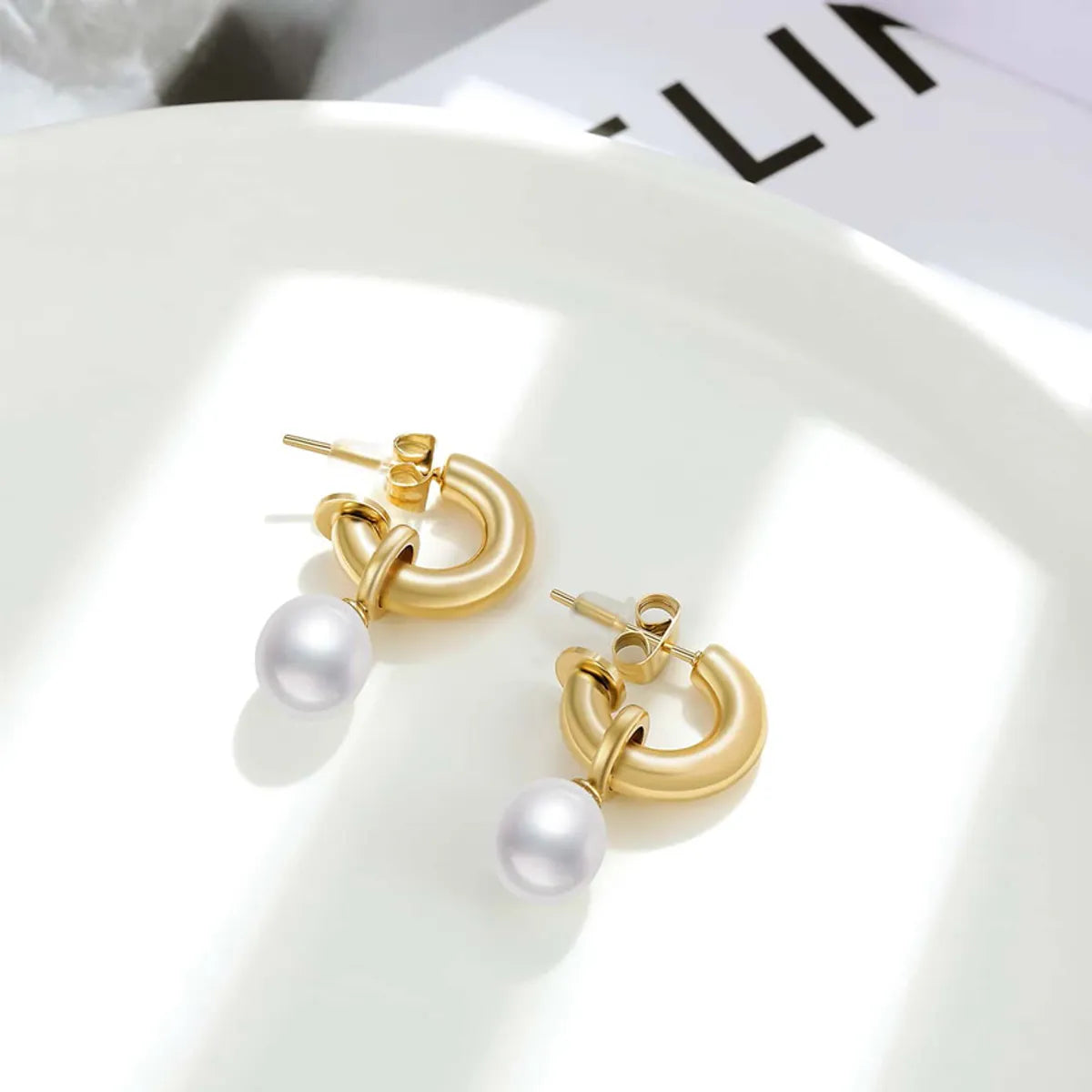 1 Pair Simple Style C Shape Plating Inlay Stainless Steel Pearl 18k Gold Plated Drop Earrings