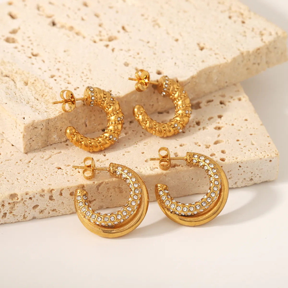 1 Pair Simple Style C Shape Plating Inlay Stainless Steel Rhinestones 18k Gold Plated Ear Studs