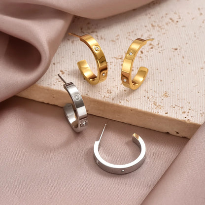 1 Pair Simple Style C Shape Plating Inlay Stainless Steel Zircon 14k Gold Plated Ear Studs