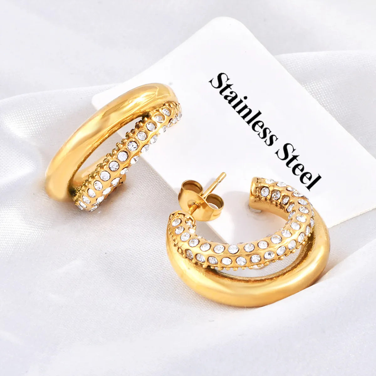 1 Pair Simple Style C Shape Plating Inlay Titanium Steel Artificial Diamond Ear Studs