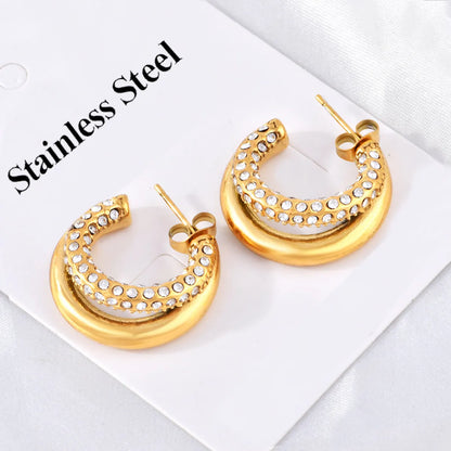 1 Pair Simple Style C Shape Plating Inlay Titanium Steel Artificial Diamond Ear Studs