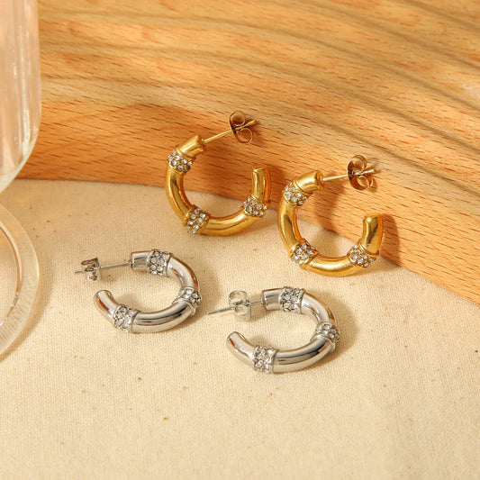 1 Pair Simple Style C Shape Round Plating Inlay Stainless Steel Zircon 18k Gold Plated Earrings