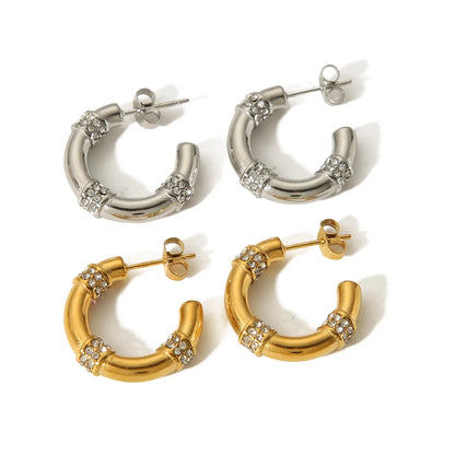 1 Pair Simple Style C Shape Round Plating Inlay Stainless Steel Zircon 18k Gold Plated Earrings