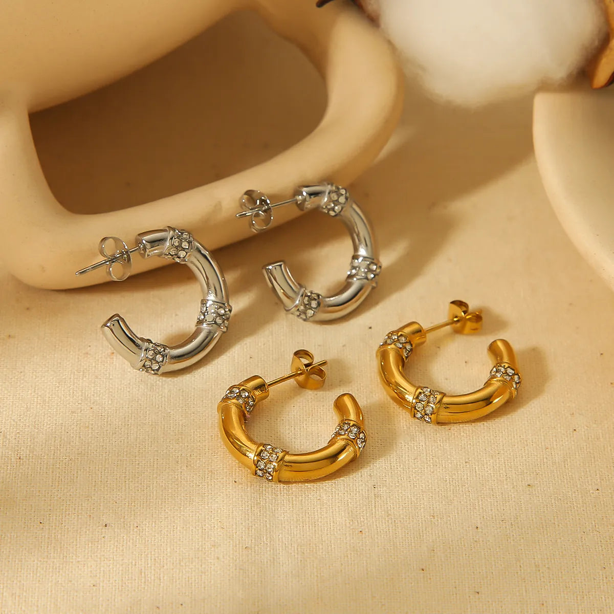 1 Pair Simple Style C Shape Round Plating Inlay Stainless Steel Zircon 18k Gold Plated Earrings