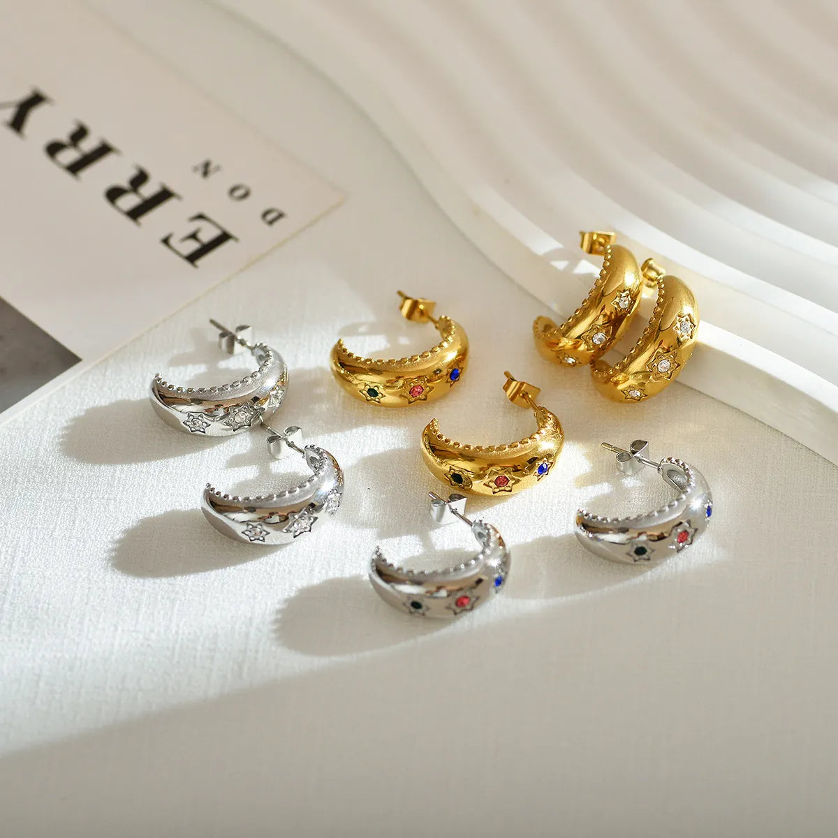 1 Pair Simple Style C Shape Star Plating Inlay Stainless Steel Zircon 18k Gold Plated Ear Studs