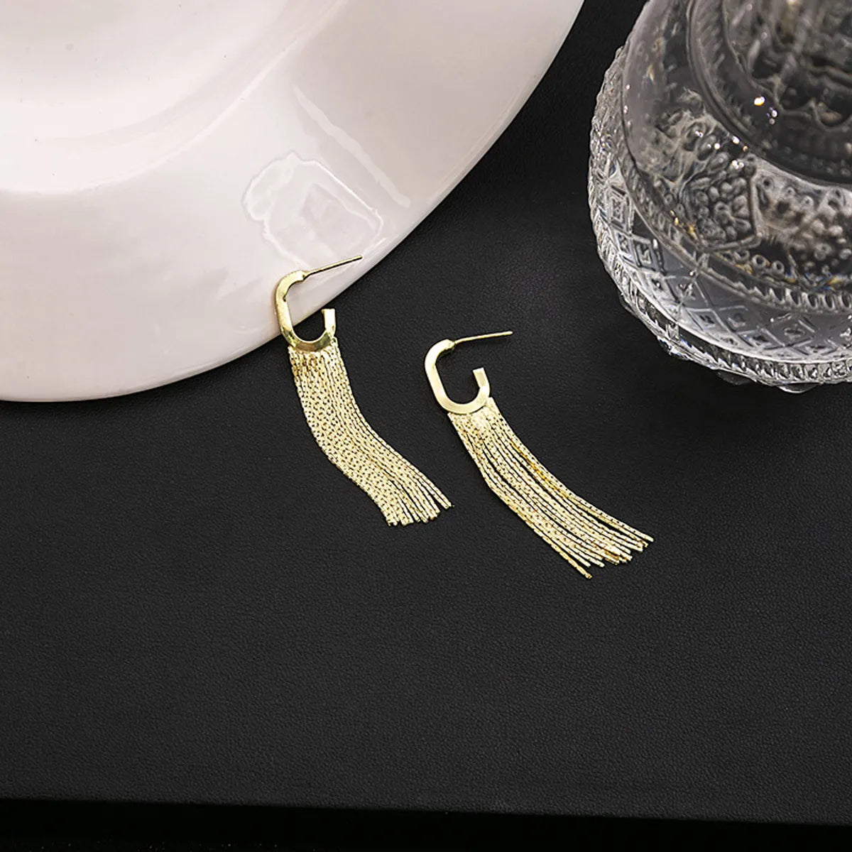 1 Pair Simple Style C Shape Tassel Plating Copper Drop Earrings