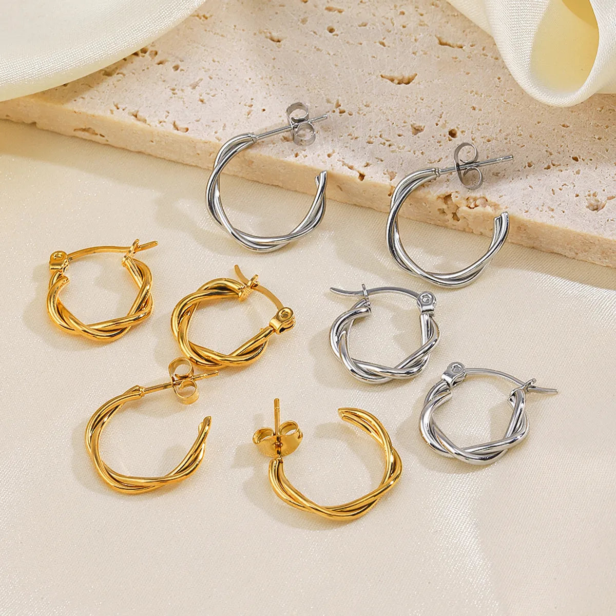 1 Pair Simple Style C Shape Twist Plating Stainless Steel 18k Gold Plated Hoop Earrings