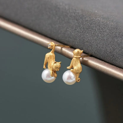 1 Pair Simple Style Cat Inlay Copper Pearl Earrings