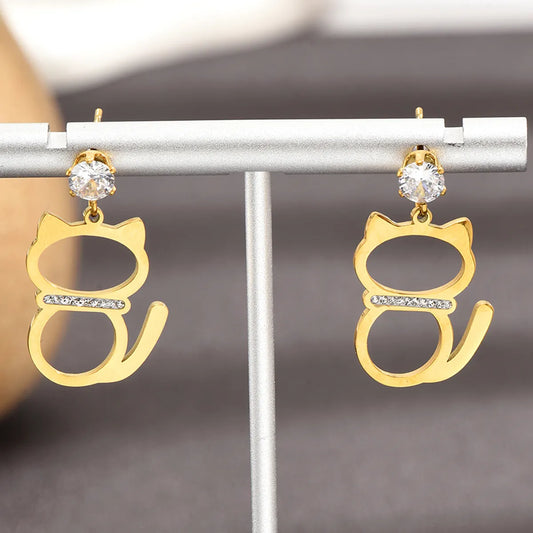 1 Pair Simple Style Cat Stainless Steel Plating Hollow Out Inlay Artificial Rhinestones Drop Earrings