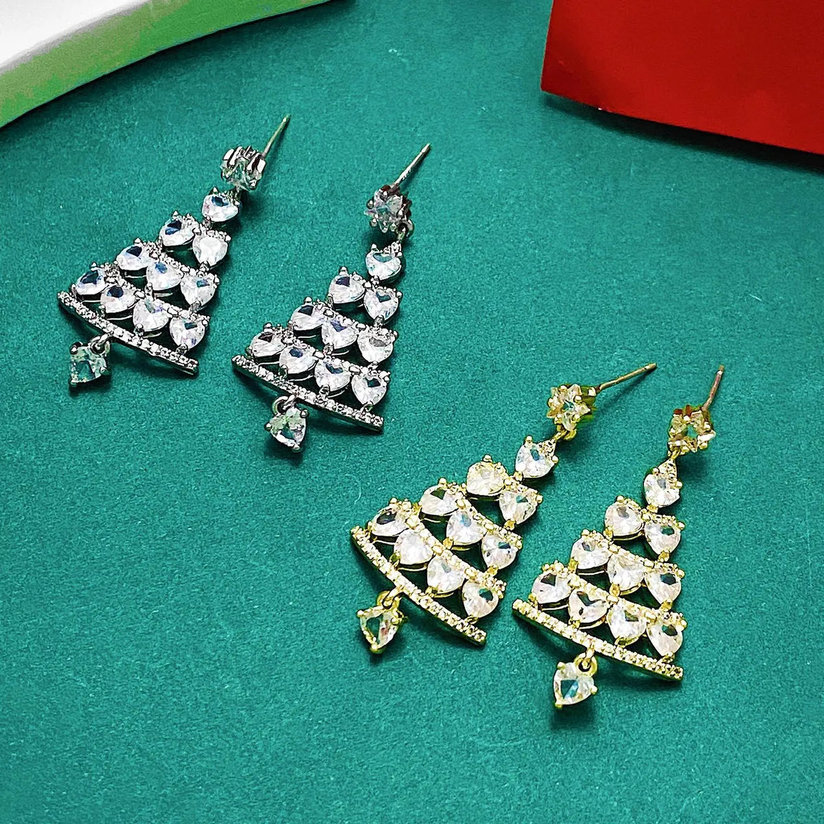 1 Pair Simple Style Christmas Tree Plating Inlay Alloy Copper Zircon Drop Earrings