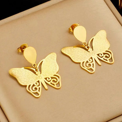 1 Pair Simple Style Classic Style Animal Flower Butterfly Plating Carving 304 Stainless Steel 18K Gold Plated Drop Earrings