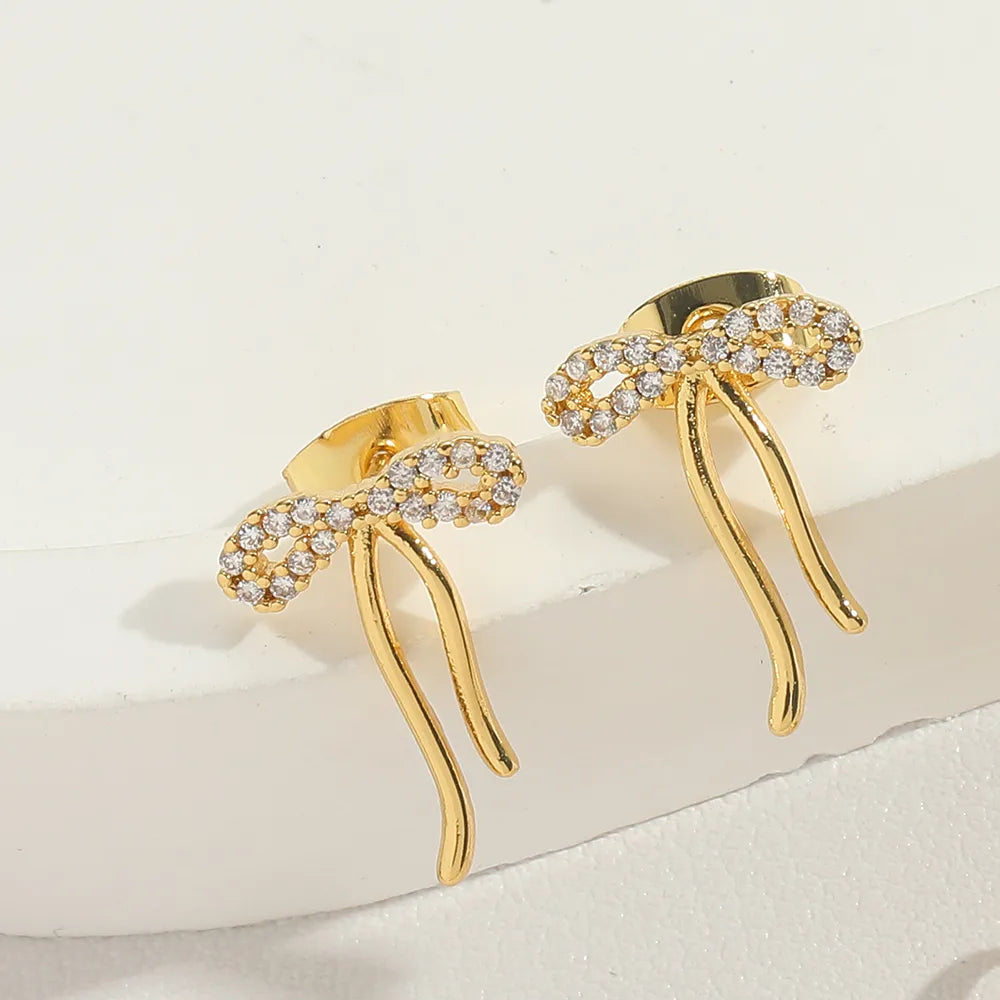 1 Pair Simple Style Classic Style Bow Knot Plating Inlay Copper Zircon 14K Gold Plated Ear Studs