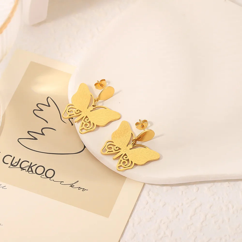 1 Pair Simple Style Classic Style Butterfly Hollow Out 304 Stainless Steel Drop Earrings