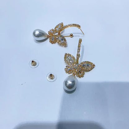 1 Pair Simple Style Classic Style Butterfly Plating Inlay Brass Rhinestones Zircon Gold Plated Drop Earrings