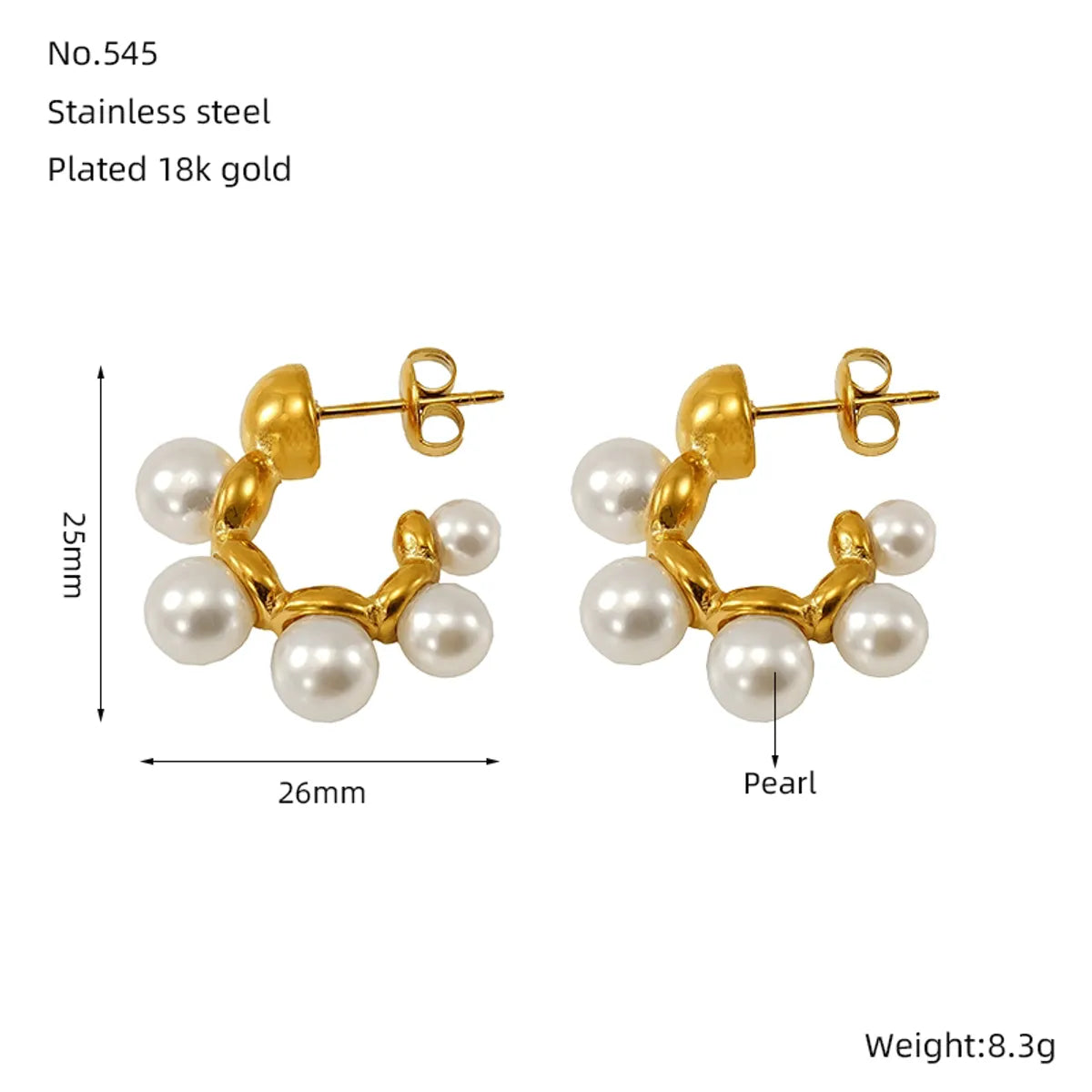 1 Pair Simple Style Classic Style C Shape Inlay 304 Stainless Steel Artificial Pearls 18K Gold Plated Ear Studs