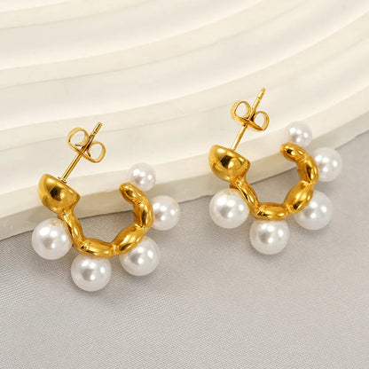 1 Pair Simple Style Classic Style C Shape Inlay 304 Stainless Steel Artificial Pearls 18K Gold Plated Ear Studs