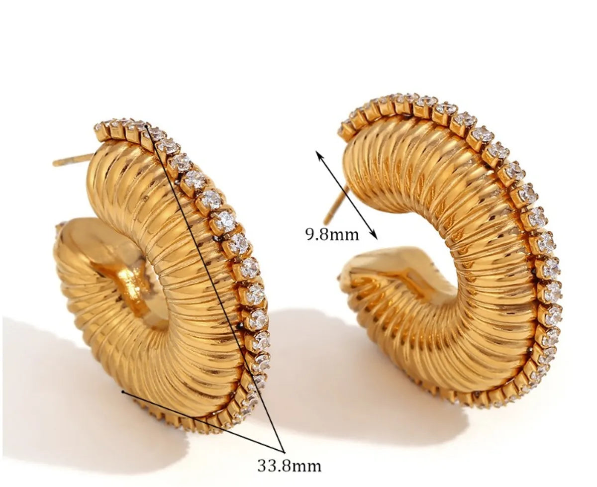 1 Pair Simple Style Classic Style C Shape Solid Color Plating Inlay Titanium Steel Zircon 18k Gold Plated Ear Studs