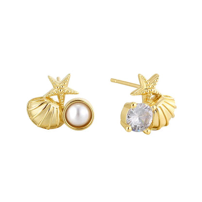 1 Pair Simple Style Classic Style Color Block Plating Inlay Brass Pearl Zircon 18K Gold Plated Ear Studs